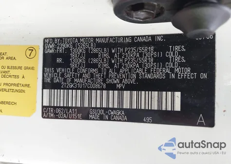 2007 Lexus Rx 350 from USA, damaged, VIN 2T2GK31U17C008678